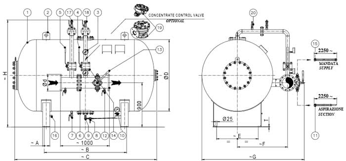 horizontal prepiped bladder tank